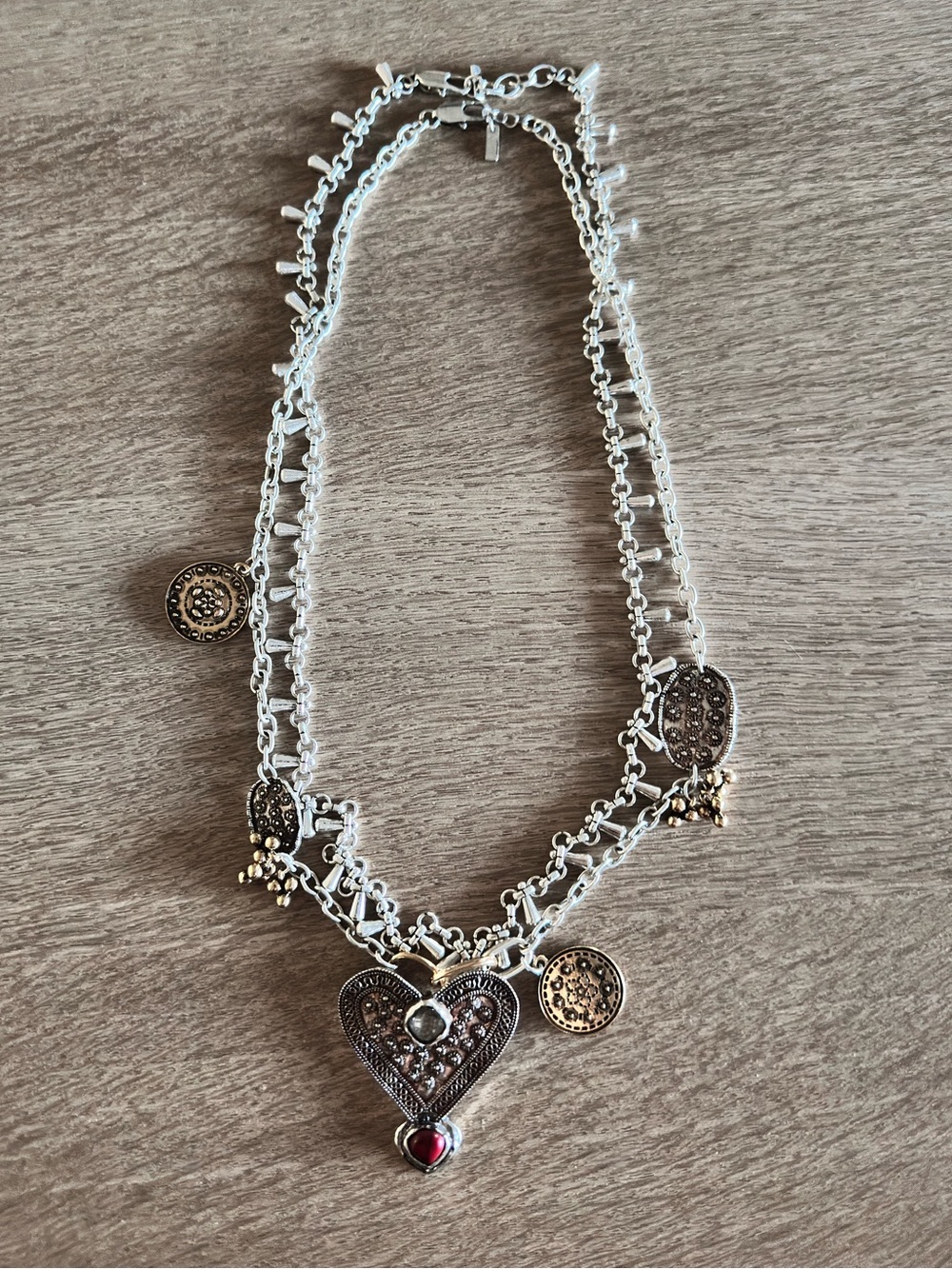 Zara Silver-Tone Heart Pendant Layered Necklace with Red Accent